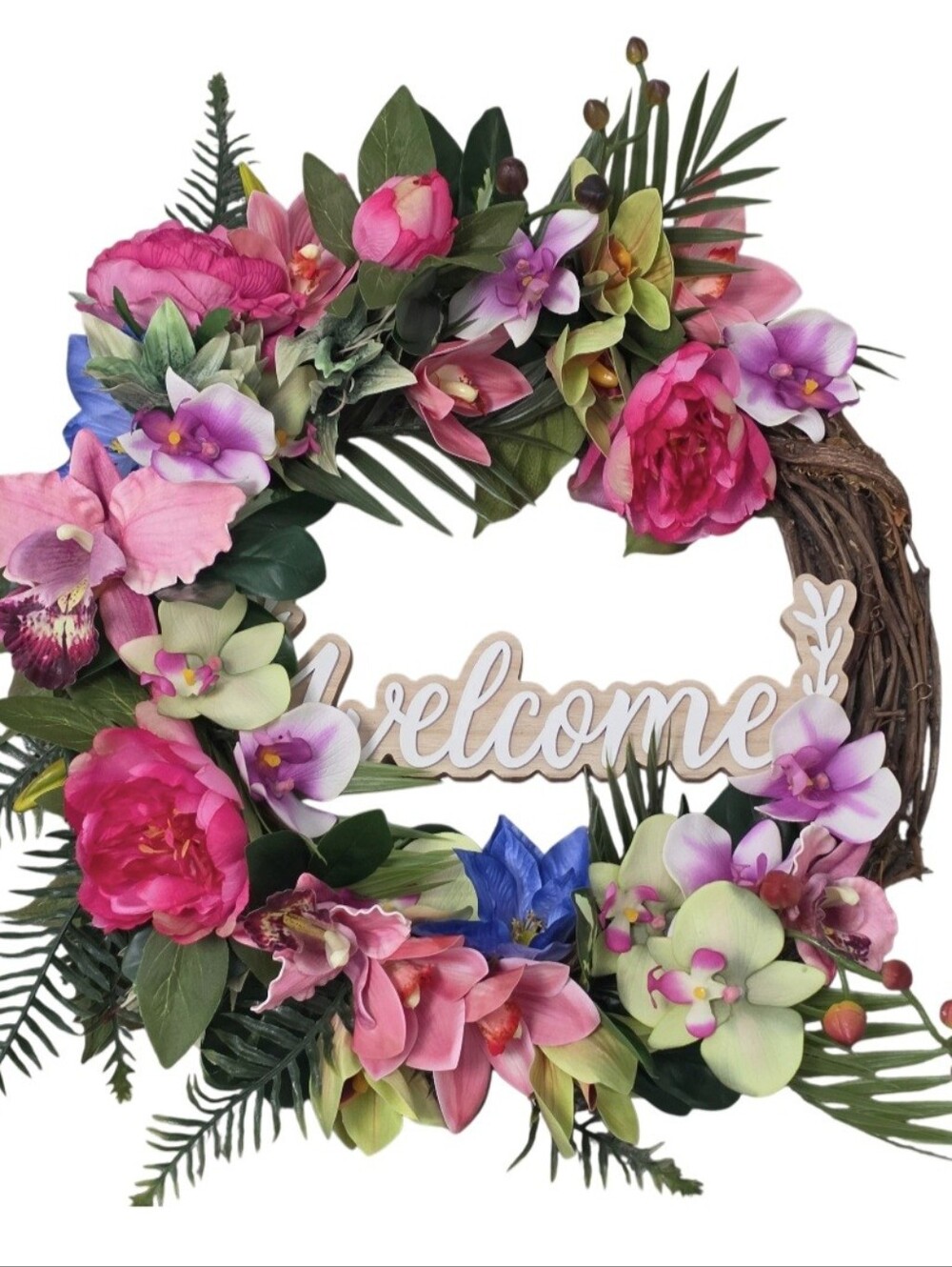 Welcome Floral Grapevine Wreath - Pink & Green